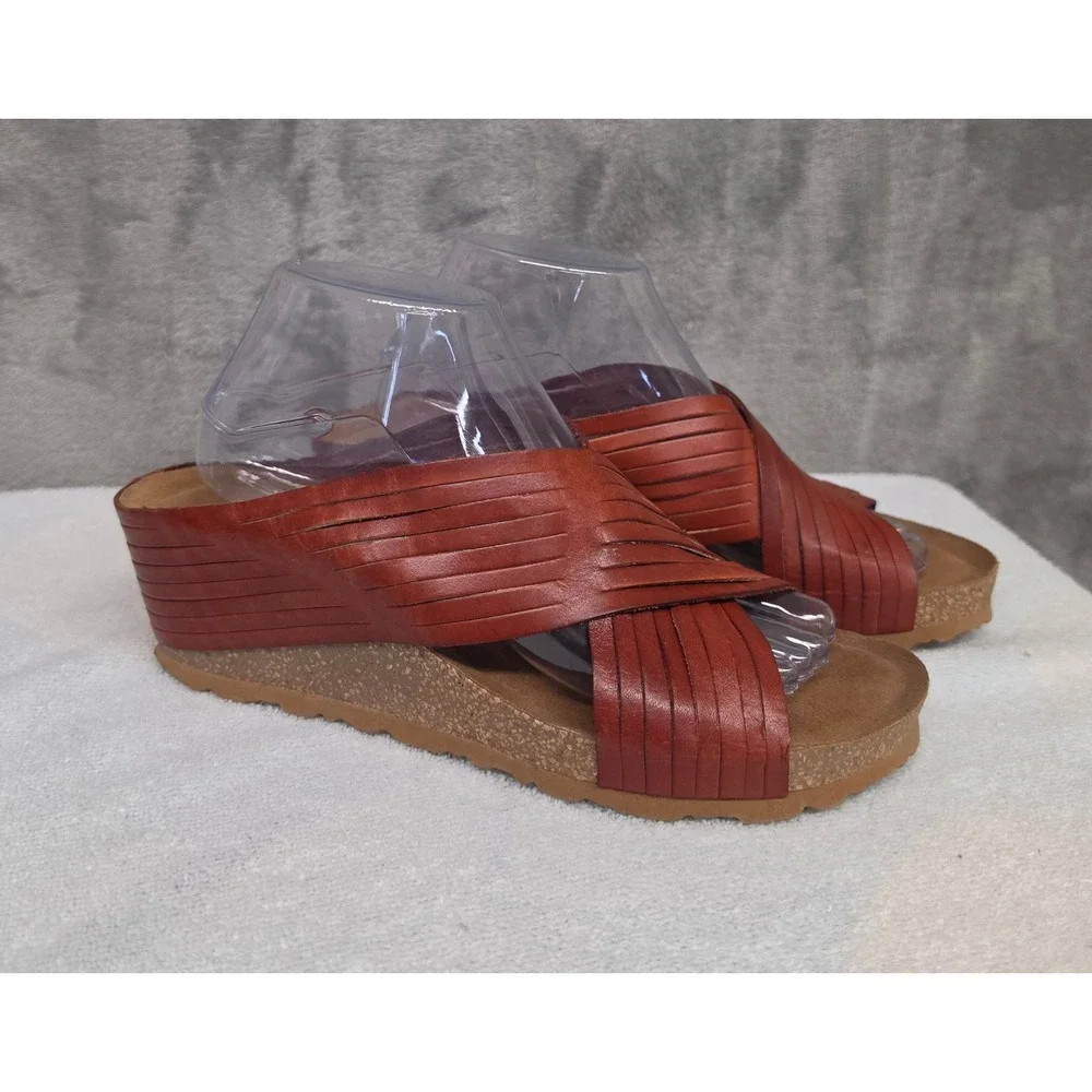 Yokono Spain Leather Wedge Sandals Cognac Brown Strappy Crossover Slides 8.5-9
